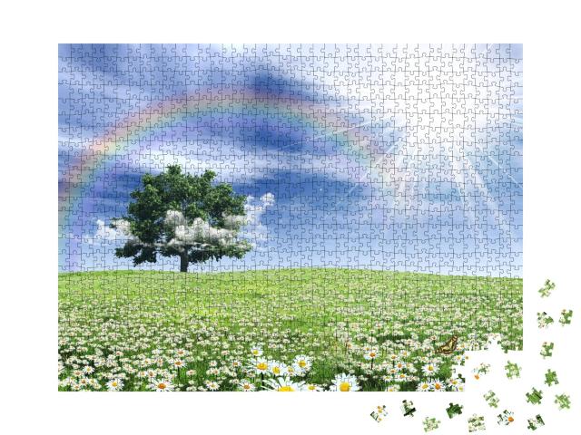 Puzzle de 1000 pièces « Arc-en-ciel au-dessus d'une prairie printanière couverte de fleurs »