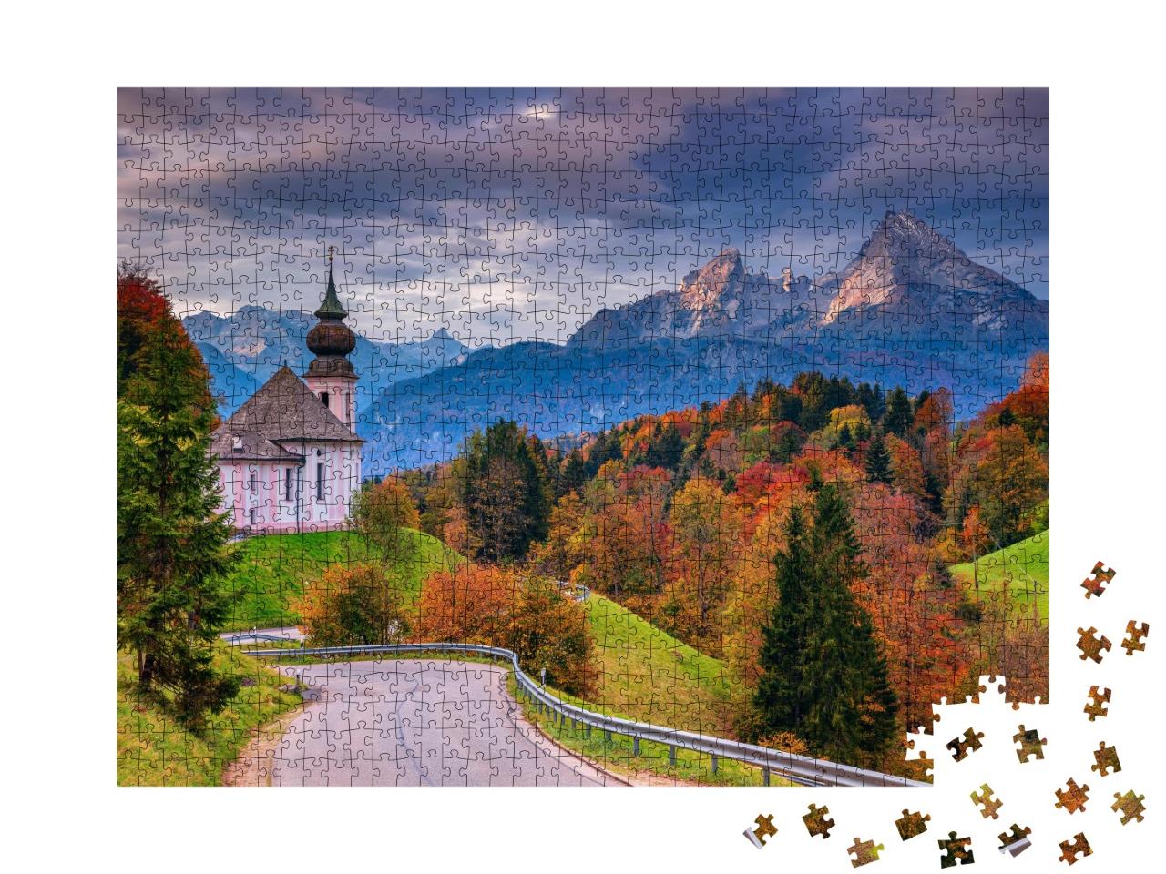 Puzzle de 1000 pièces « L'église de Maria Gern et le Watzmann en automne, Bavière, Allemagne »