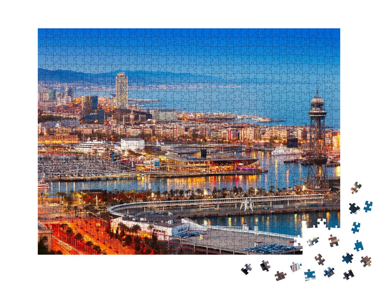 Puzzle de 1000 pièces « Barcelone ville et port le soir, Espagne »