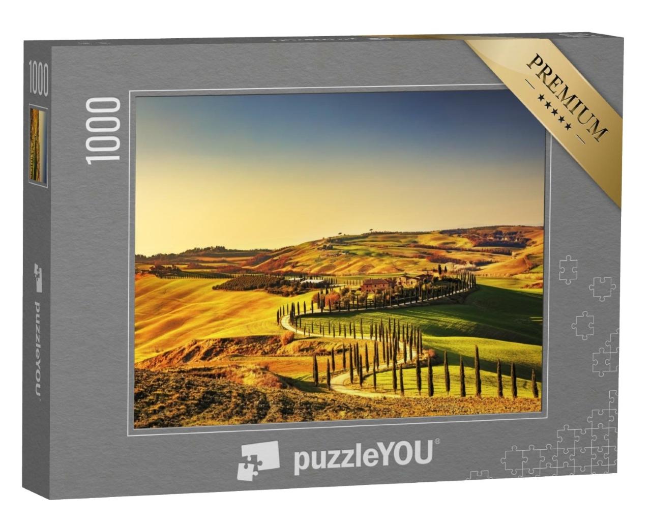 Puzzle de 1000 pièces « Coucher de soleil sur la Toscane avec des cyprès, Italie »