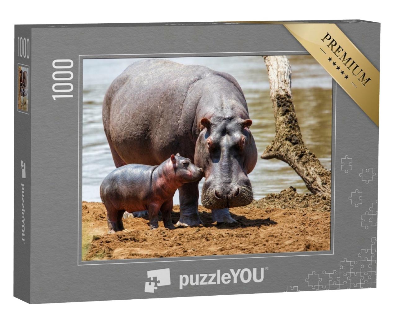 Puzzle de 1000 pièces « Une mère hippopotame et son bébé dans le parc national de Masai Mara, Kenya »