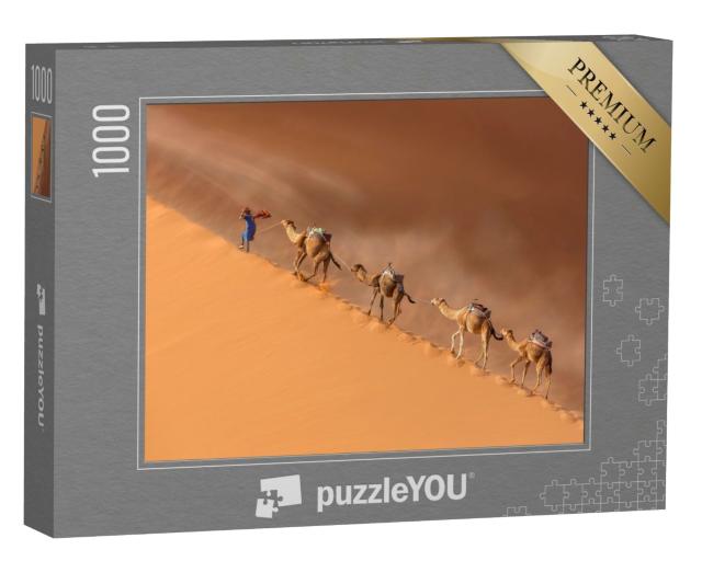Puzzle de 1000 pièces « Caravane de chameaux dans le désert du Sahara pendant une tempête du désert »