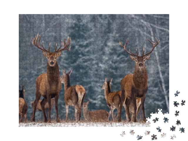 Puzzle de 1000 pièces « Un troupeau de cerfs dans une forêt hivernale »
