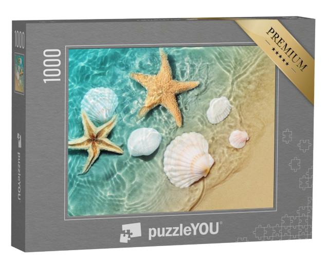 Puzzle de 1000 pièces « Étoiles de mer et coquillages dans le doux ressac de la plage »