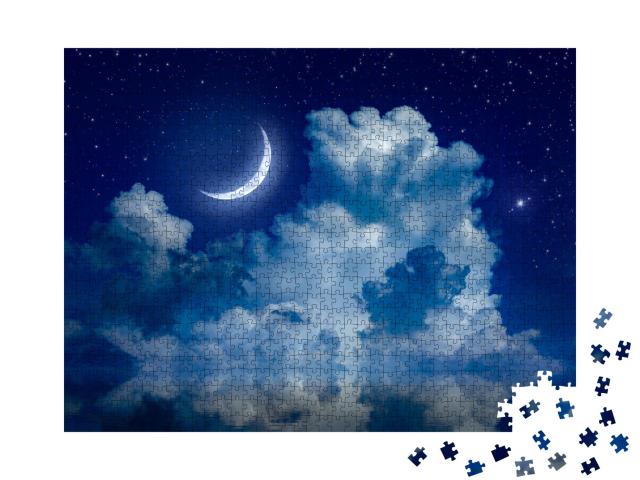 Puzzle de 1000 pièces « Croissant de lune dans le ciel nocturne étoilé au-dessus de la mer »