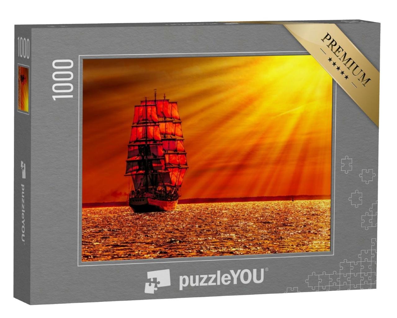 Puzzle de 1000 pièces « Voilier dans un coucher de soleil rouge sang »