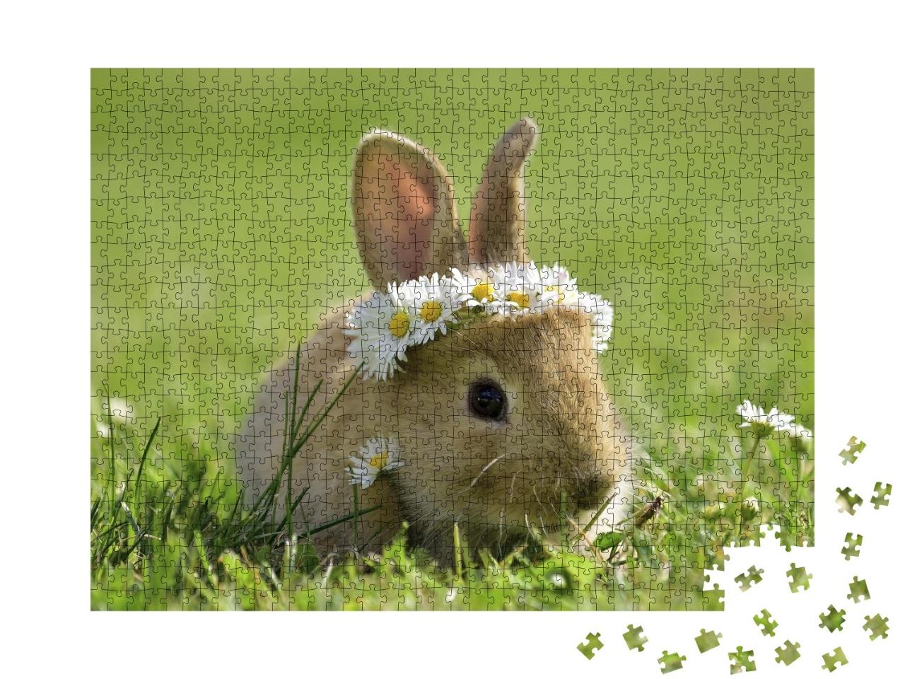 Puzzle de 1000 pièces « Mignon petit lapin avec une couronne de marguerites »