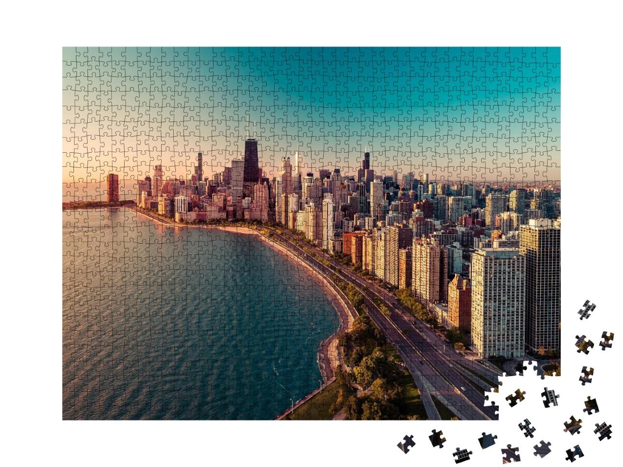 Puzzle de 1000 pièces « L'horizon de Chicago avec le lever du soleil et le lac Michigan »