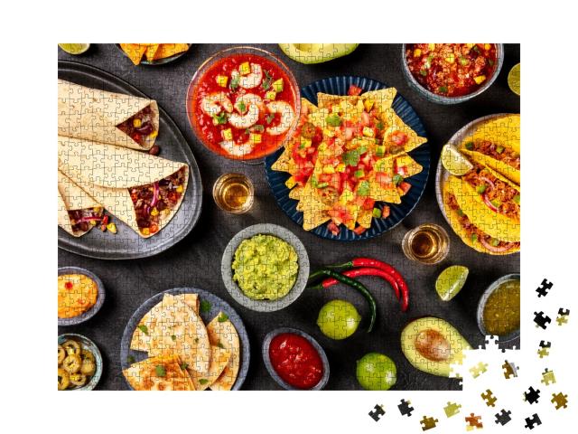 Puzzle de 1000 pièces « Cuisine mexicaine : nachos, tequila, guacamole »