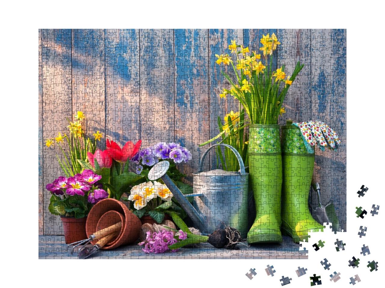 Puzzle de 1000 pièces « Outils de jardinage et fleurs sur la terrasse »