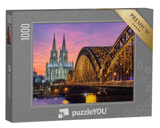 Puzzle de 1000 pièces „La cathédrale de Cologne et le pont Hohenzollern au coucher du soleil“