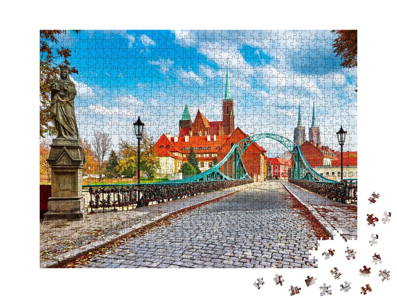 Puzzle de 1000 pièces « Wroclaw : pont vert avec vue sur Saint-Jean, île de la cathédrale, Pologne »