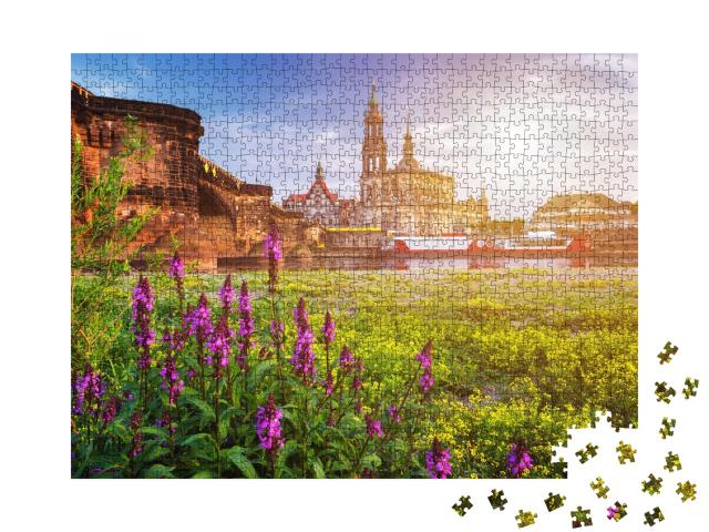 Puzzle de 1000 pièces « Silhouette de la ville de Dresde avec l'Elbe et le pont Augustus, Allemagne »