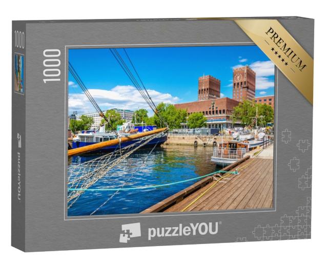 Puzzle de 1000 pièces « Hôtel de ville d'Oslo, vue depuis le port, fjord d'Oslo, Norvège »