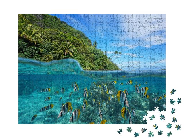 Puzzle de 1000 pièces « Poissons tropicaux sur et sous l'eau, Huahine, Océan Pacifique »