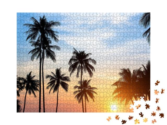 Puzzle de 1000 pièces « Silhouettes de palmiers dans un coucher de soleil tropical »