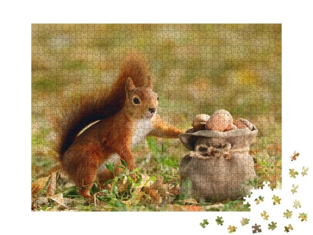 Puzzle de 1000 pièces « Portrait d'un écureuil rouge tenant un sac de noix »