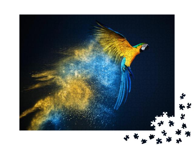 Puzzle de 1000 pièces « Un perroquet ara volant au-dessus d'une explosion de poudre colorée »