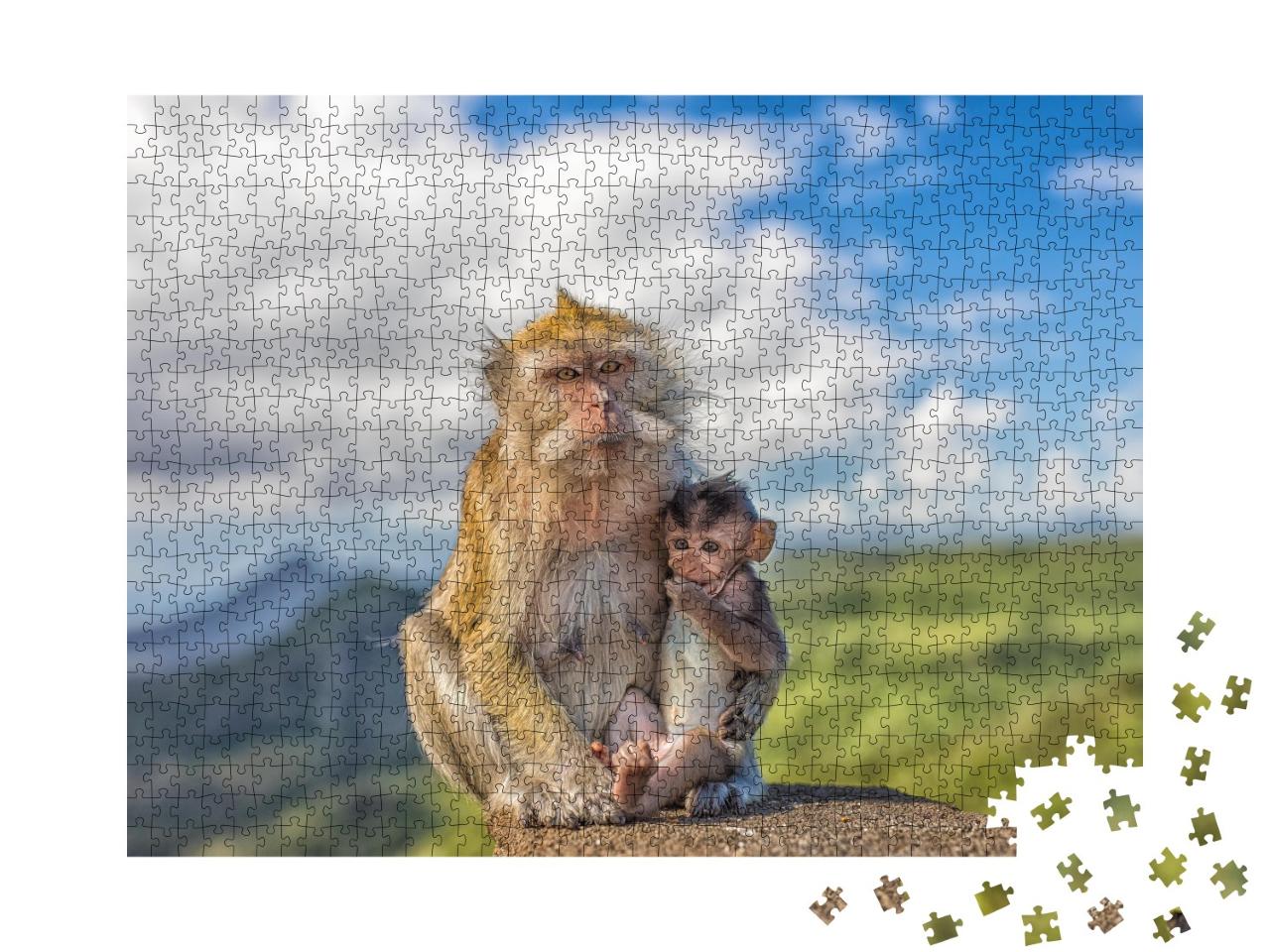 Puzzle de 1000 pièces « Un singe macaque avec une mère singe, Maurice »