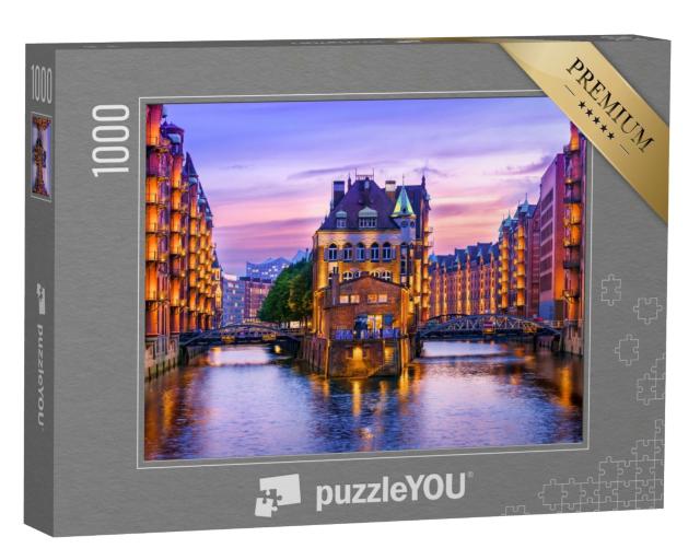 Puzzle de 1000 pièces « Speicherstadt au crépuscule dans le port de Hambourg, Allemagne »