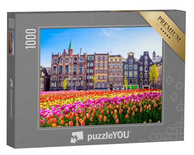 Puzzle de 1000 pièces « Vieux bâtiments traditionnels et tulipes à Amsterdam, Pays-Bas »