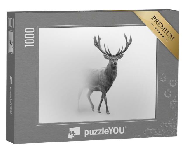Puzzle de 1000 pièces « Cerf rouge majestueux dans le brouillard, noir et blanc »