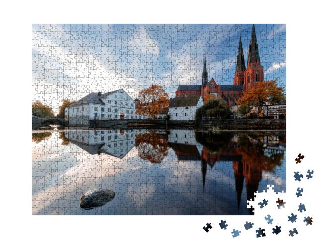 Puzzle de 1000 pièces « Deux des principaux symboles d'Uppsala : la cathédrale et le musée national, Suède »