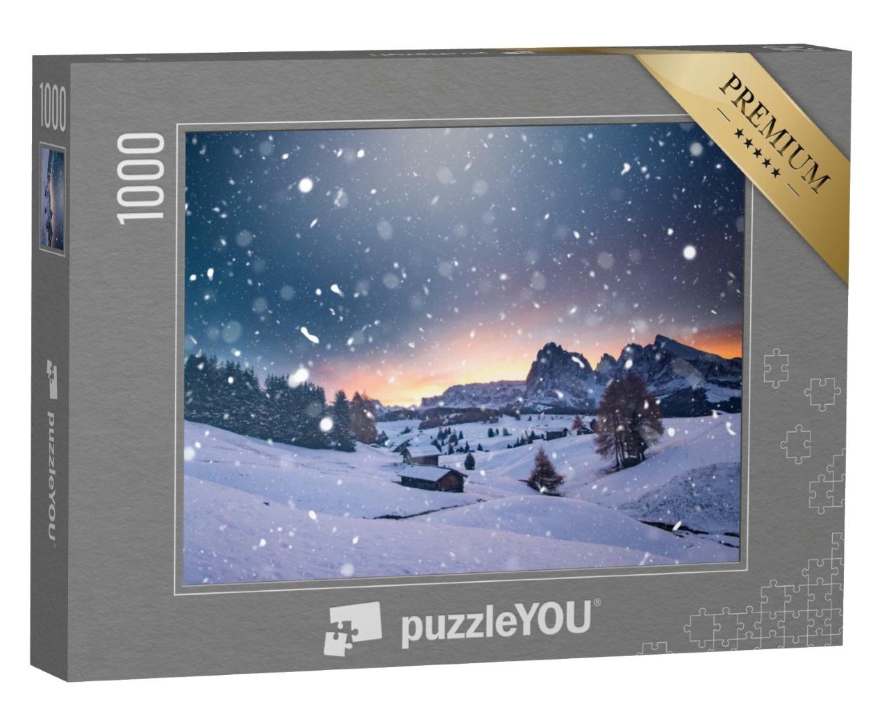 Puzzle de 1000 pièces « Petit refuge hivernal au coucher de soleil magique, Alpe de Siusi, Italie »