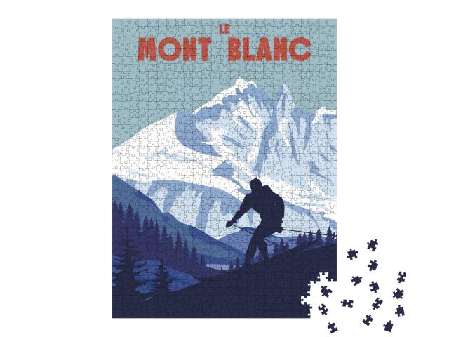 Puzzle de 1000 pièces « Mont Blanc Ski Area Poster, retro. Carte de voyage d'hiver des Alpes »