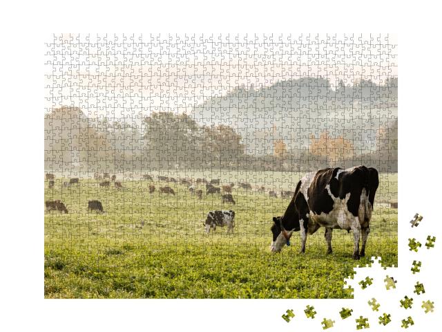 Puzzle de 1000 pièces « Vaches Holstein par un matin d'automne en Suisse »