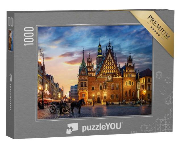 Puzzle de 1000 pièces « Place du marché avec maisons anciennes, hôtel de ville et coucher de soleil, Wroclaw, Pologne »