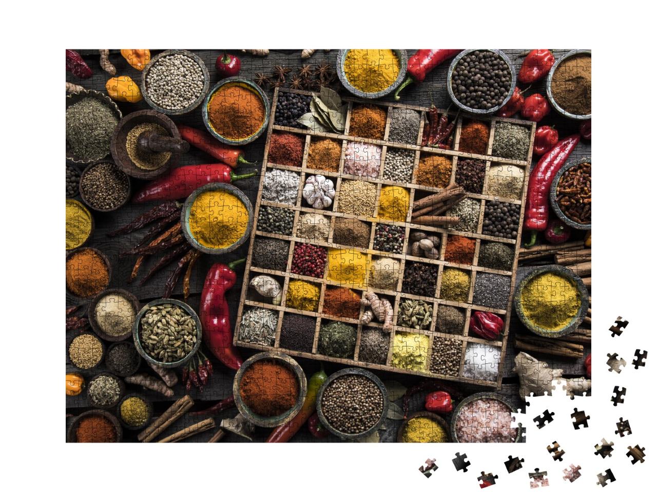 Puzzle de 1000 pièces « Caisse en bois avec diverses épices et herbes aromatiques »