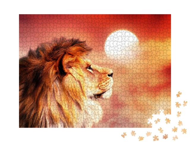 Puzzle de 1000 pièces « Lion d'Afrique dans un coucher de soleil incandescent »