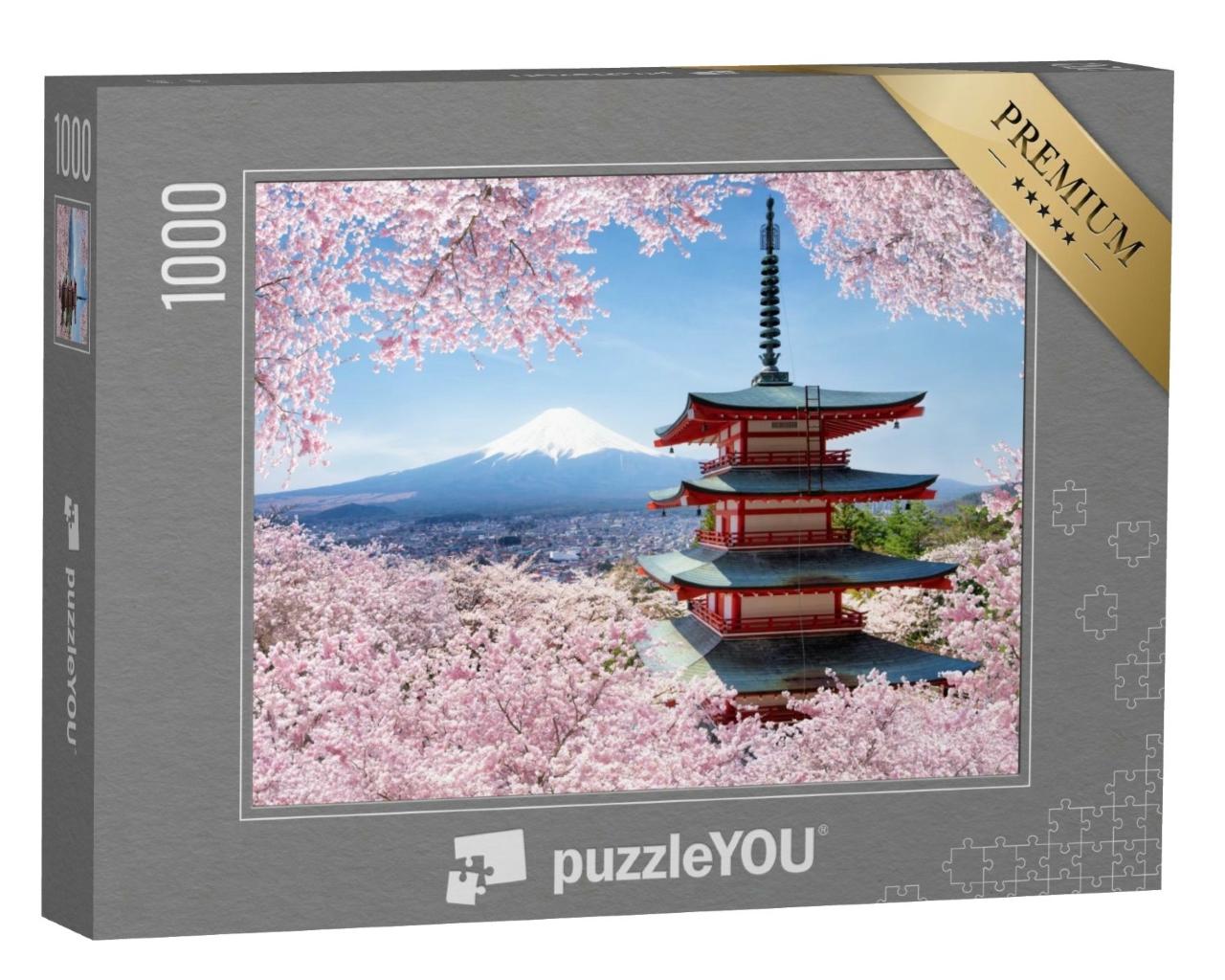 Puzzle de 1000 pièces « La pagode Chureito et le Mont Fuji avec les cerisiers en fleurs au printemps »