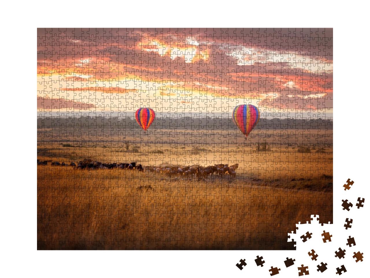 Puzzle de 1000 pièces « Lever de soleil sur le Masai Mara avec un troupeau de gnous »