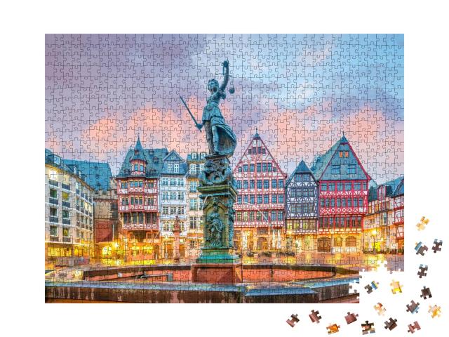 Puzzle de 1000 pièces « Crépuscule sur la place de la vieille ville Römerberg à Francfort, Allemagne »