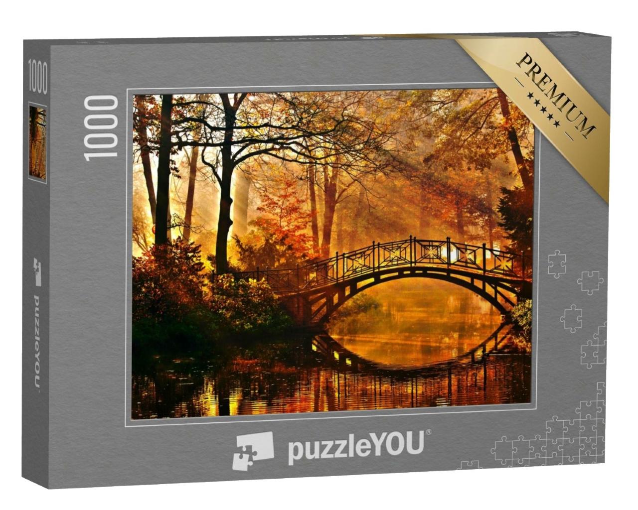 Puzzle de 1000 pièces « Vieux pont dans un parc brumeux en automne »