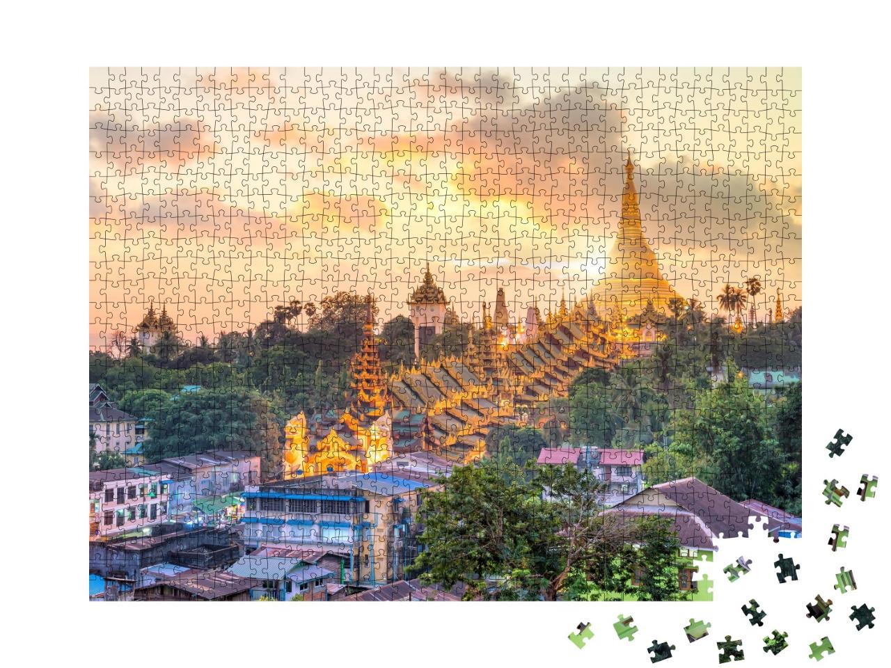 Puzzle de 1000 pièces « Coucher de soleil sur la ligne d'horizon de Yangon Pagode Shwedagon au Myanmar »