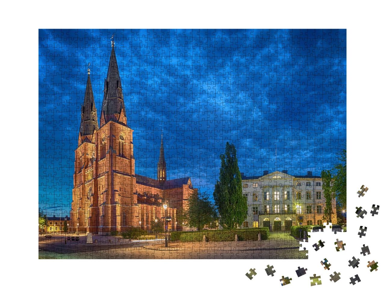Puzzle de 1000 pièces « La cathédrale d'Uppsala le soir, Uppsala, Suède (effet HDR) »