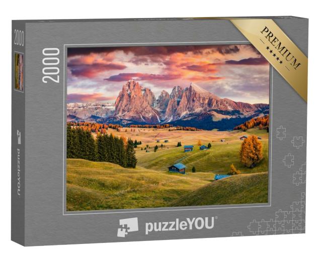 Puzzle de 2000 pièces « Lever de soleil sur l'Alpe de Siusi avec des mélèzes automnaux devant le Langkofel »