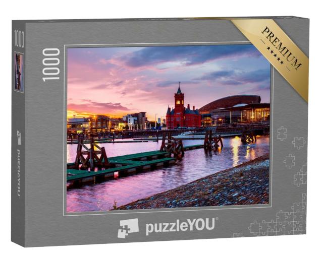 Puzzle de 1000 pièces « Waterfront de nuit, coucher de soleil à Cardiff, Pays de Galles »