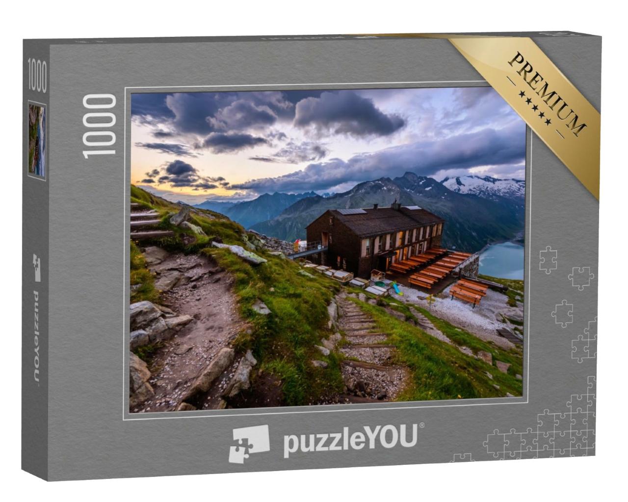 Puzzle de 1000 pièces « Le refuge Olperer au pied de l'Olperer, Alpes de Zillertal, Tyrol »