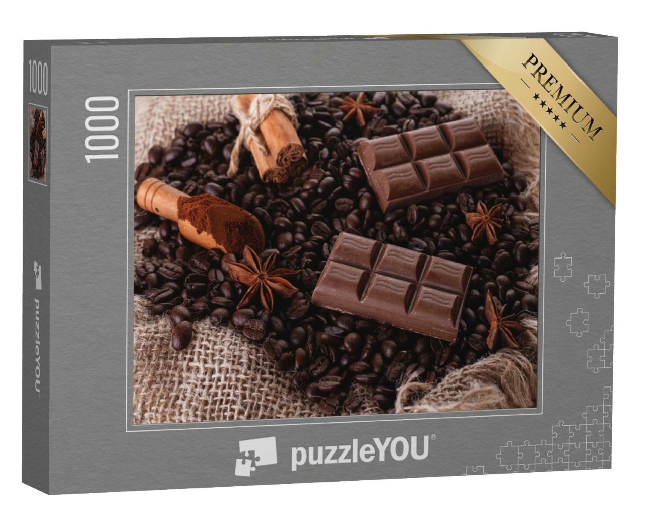 Puzzle de 1000 pièces « Assortiment de chocolat, de grains de café, de cannelle et d'anis étoilé »