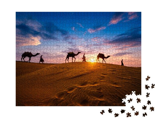 Puzzle de 1000 pièces « Conducteurs de chameaux dans les dunes de sable du désert de Thar, Inde »