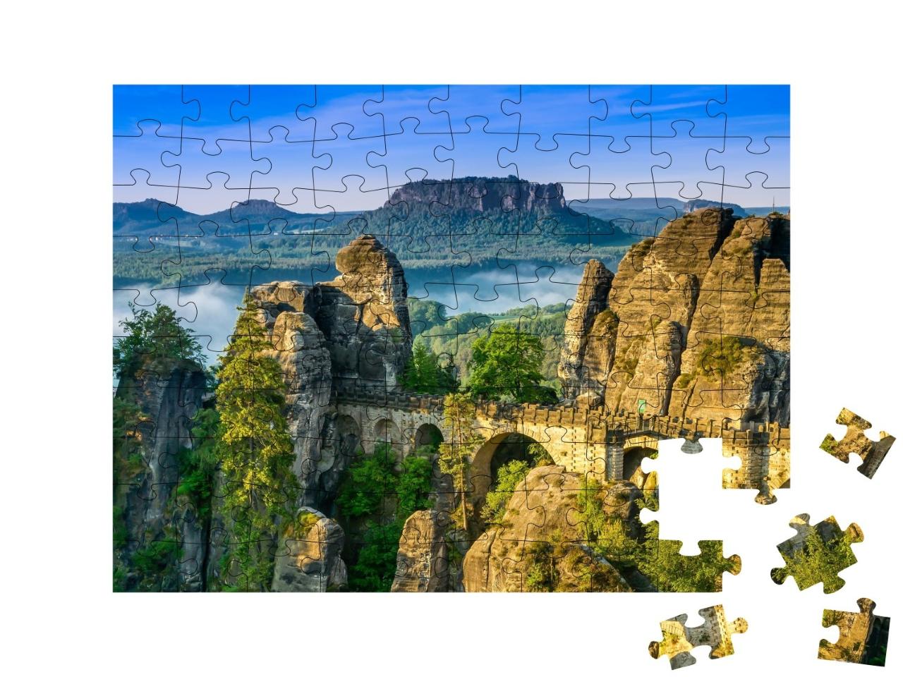 Puzzle de 100 pièces « Lever de soleil sur le Bastei en Suisse saxonne, Allemagne »