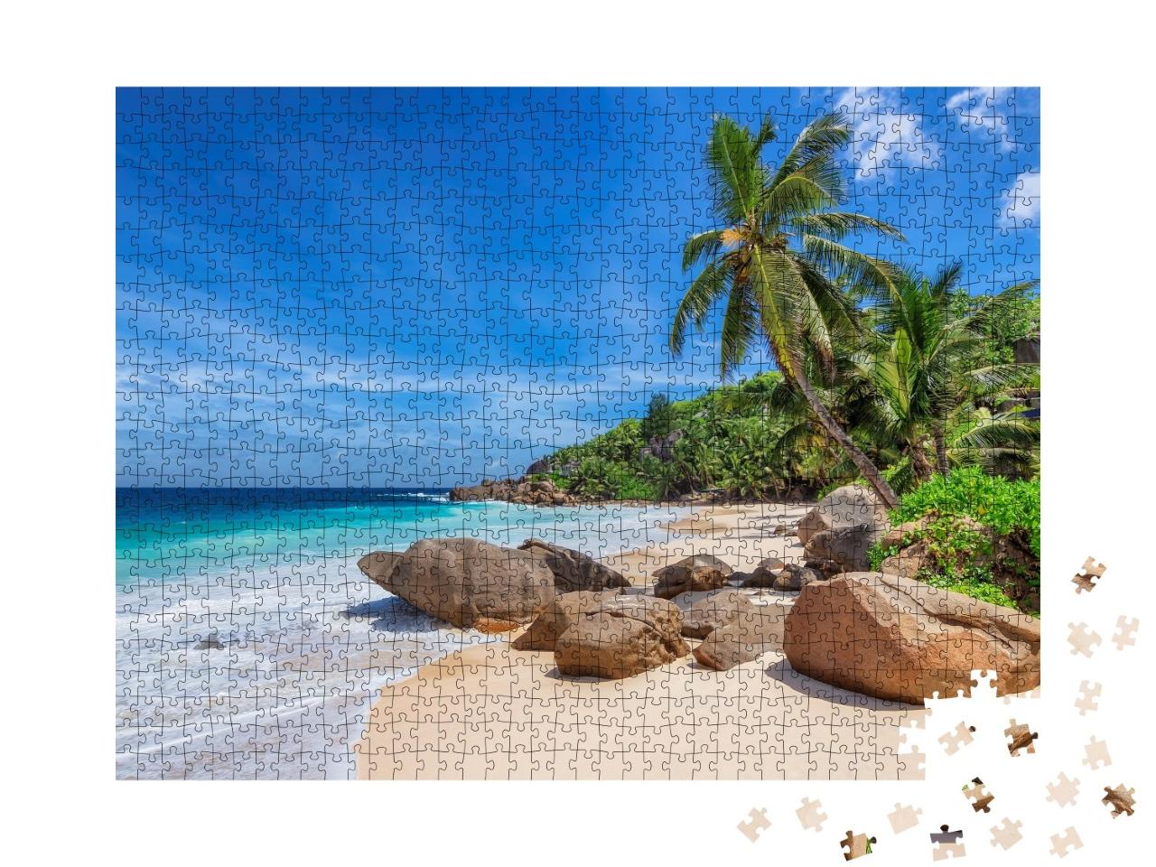 Puzzle de 1000 pièces « Plage tropicale et cocotiers aux Seychelles »