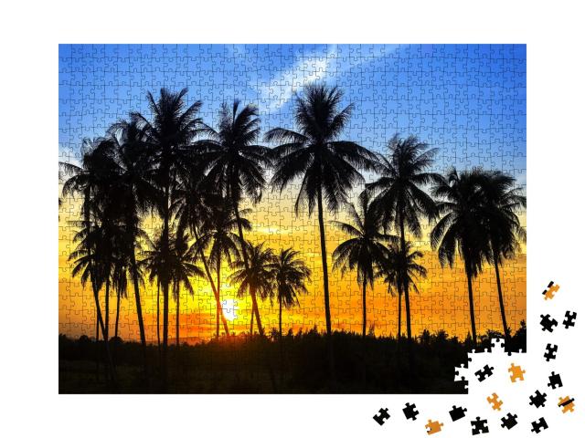 Puzzle de 1000 pièces « Silhouettes de cocotiers dans un coucher de soleil coloré »