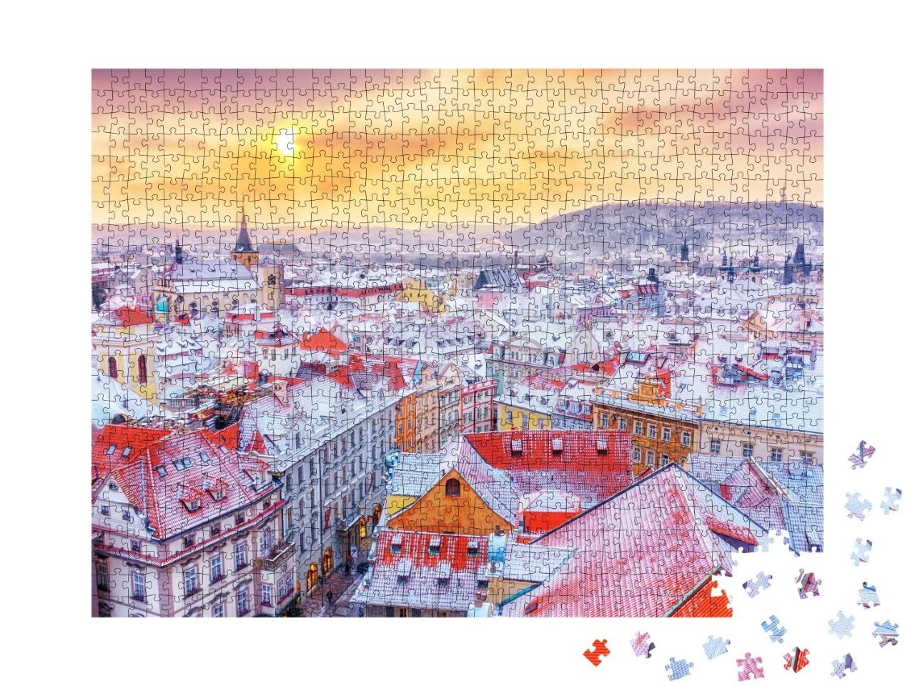 Puzzle de 1000 pièces « Prague à Noël : vue sur les toits enneigés »
