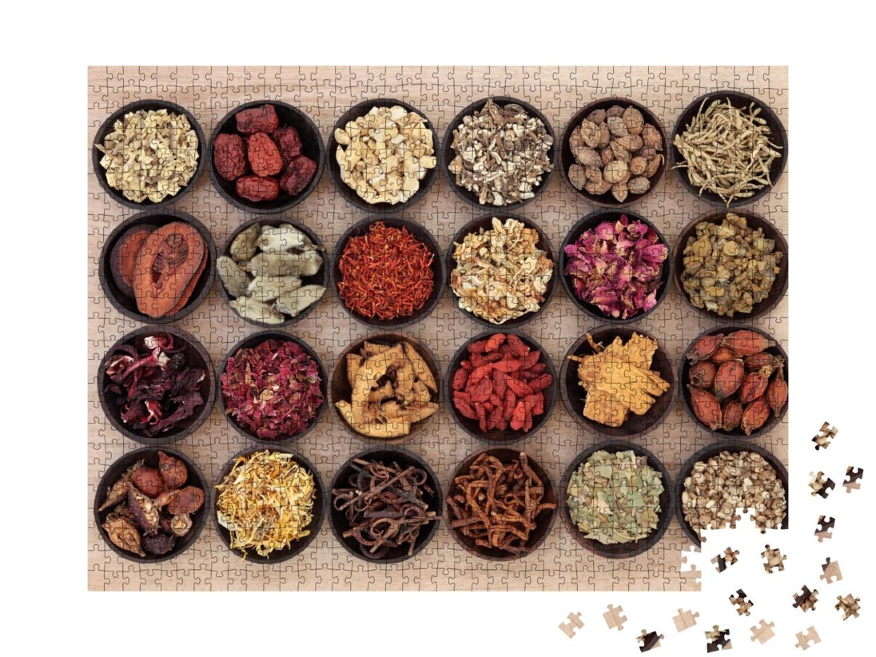 Puzzle de 1000 pièces « Médecine chinoise à base de plantes dans des bols en bois »