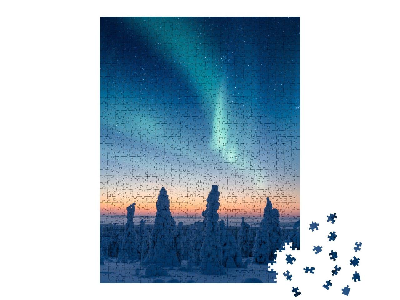 Puzzle de 1000 pièces « Arbres couverts de neige sous une magnifique aurore boréale »